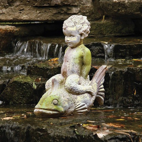 Boy On Fish 20 H Cppr Outdoor/Indoor Statue - Bella Statues