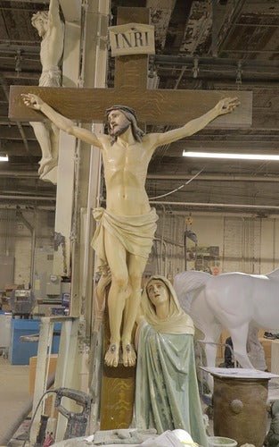 LifeSize Custom Painted Jesus Corpus on Cross with Mary Outdoor/Indoor Statue - Bella Statues