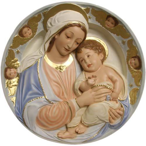 Custom Painted Virgin Mary Madonna and Child Round Plaque Outdoor/Indoor Statue - Bella Statues