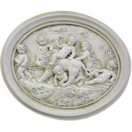 Cherubs Playing with Lion Plaq Outdoor/Indoor Statue - Bella Statues