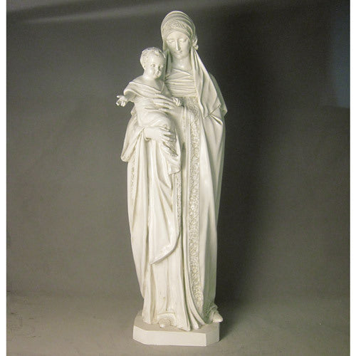 Madonna and Child statue in classical Renaissance style with ornate drapery and serene facial expressions. Other Angle