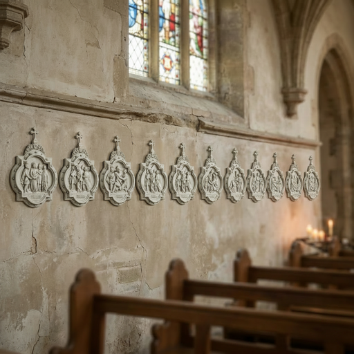 Baroque-style wall plaques depicting religious scenes in a Gothic church interior with vaulted ceilings and stained glass window. Side Angle