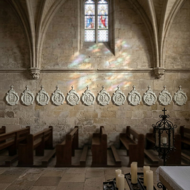 Baroque-style wall plaques depicting religious scenes in a Gothic church interior with vaulted ceilings and stained glass window. Side View
