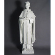 Saint statue in classical old world European style, featuring ornate robes and a rosary, standing in a reverent pose. Additional Angle