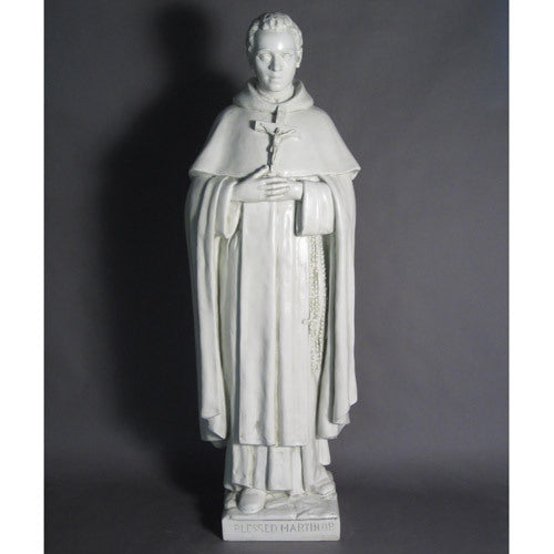 Saint statue in classical old world European style, featuring ornate robes and a rosary, standing in a reverent pose. Additional Angle