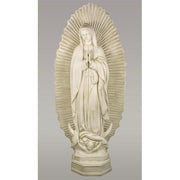 Virgin Mary statue in classical old world European style, ornate halo backdrop, hands in prayer, flowing robes, Renaissance influence Side Angle View
