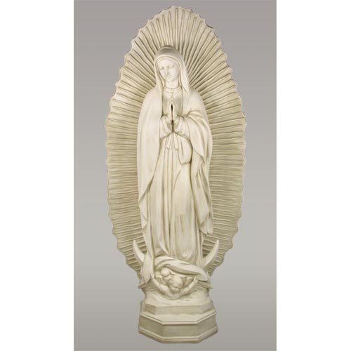 Virgin Mary statue in classical old world European style, ornate halo backdrop, hands in prayer, flowing robes, Renaissance influence Side Angle View