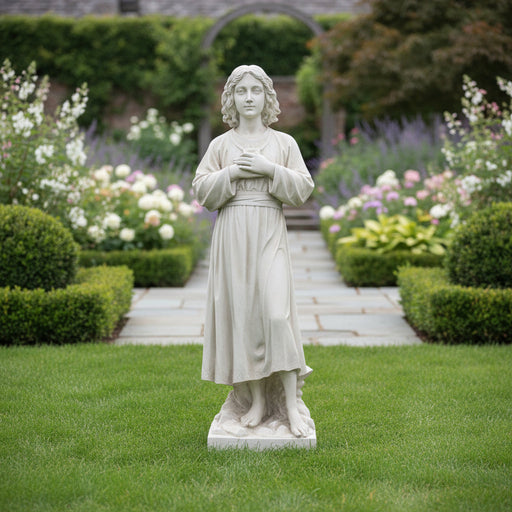 Standing angel statue in classical Renaissance style with flowing robe, hands crossed over chest, and serene facial expression. Side Angle