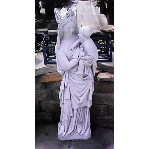 Madonna and Child statue in ornate medieval Gothic style with flowing drapery and detailed crown, evoking old world European artistry. Different Angle