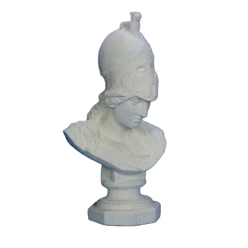 Classical Greek-style bust of a helmeted warrior with ornate detailing and strong, sculpted features on a pedestal base.