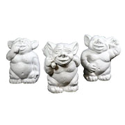 Three ornate, old world European gargoyle statues with playful expressions and gestures, featuring classical medieval styling.