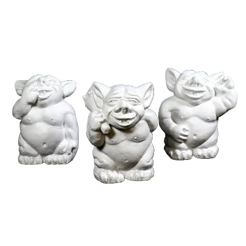 Three ornate, old world European gargoyle statues with playful expressions and gestures, featuring classical medieval styling.