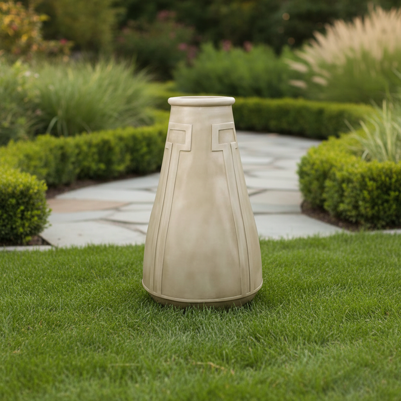 Tall classical vase with geometric relief patterns, featuring an old world European and Greek-inspired architectural design. Side Angle