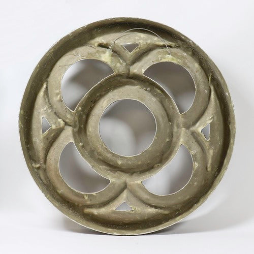 Ornate round medallion with interlocking rings, featuring old world European and Gothic architectural detailing. Other Angle