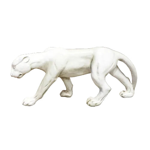 Panther sculpture in a classical old world European style with smooth, elegant lines and a poised, graceful stance. Side View
