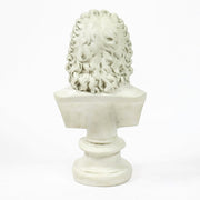 Classical European bust with ornate, curly hair in old world style, displayed on a pedestal with Renaissance-inspired detailing. Side View