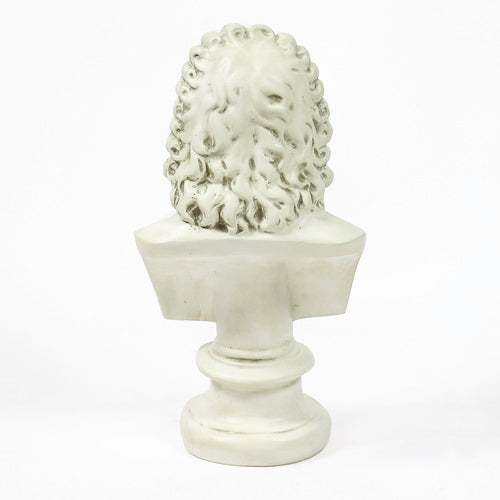 Classical European bust with ornate, curly hair in old world style, displayed on a pedestal with Renaissance-inspired detailing. Side View