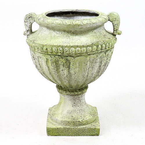 Ornate old world European urn planter with fluted bowl and classical pedestal base, featuring carved Baroque-style details. Different Angle