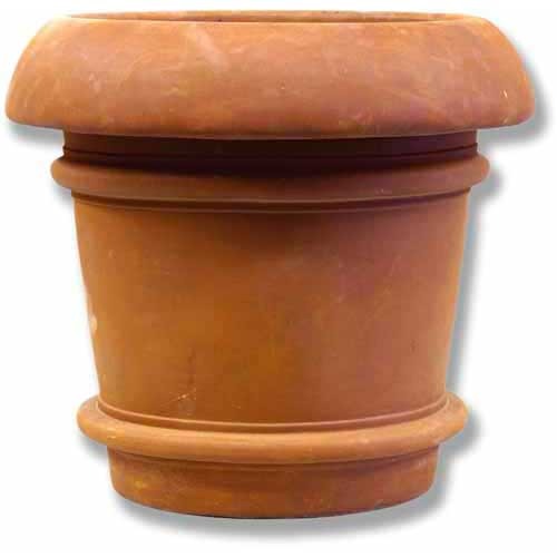 Classical European-style planter with a wide, rounded rim and ornate banded detailing, evoking old world architectural charm.