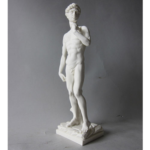Classical Renaissance male statue with detailed anatomy, standing in contrapposto pose, inspired by old world European sculpture. Different Angle