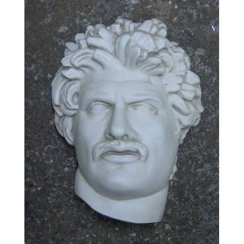 Classical Greek-style sculpted male head with curly hair, strong features, and expressive facial expression, evoking Renaissance influence.
