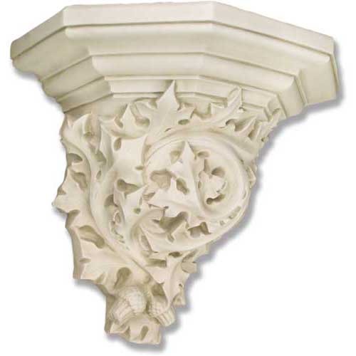 Ornate wall corbel with classical Baroque scrollwork and acanthus leaf detailing in an old world European architectural style.