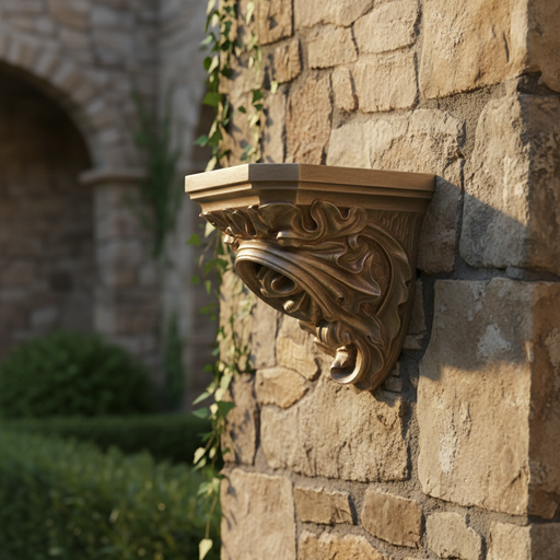 Ornate wall bracket with swirling Baroque scrollwork and classical old world European detailing in an elaborate, sculpted design. Side Angle