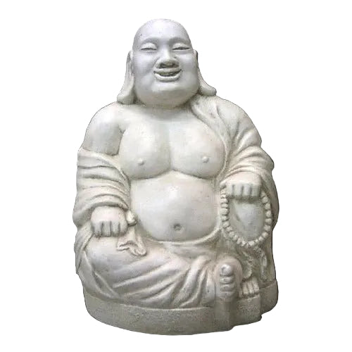 Laughing Buddha statue with ornate detailing, classical serene expression, and traditional old world European sculptural style.