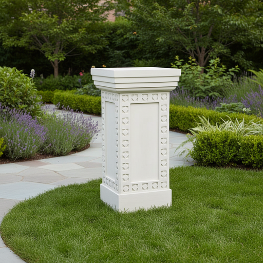 Classical pedestal with ornate Greek-inspired geometric border and fluted detailing, featuring a square top and architectural base. Side Angle