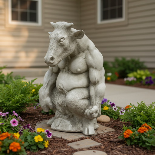 Grotesque medieval-style statue of a muscular, anthropomorphic cow with exaggerated features and an ornate, old world European design. Side Angle