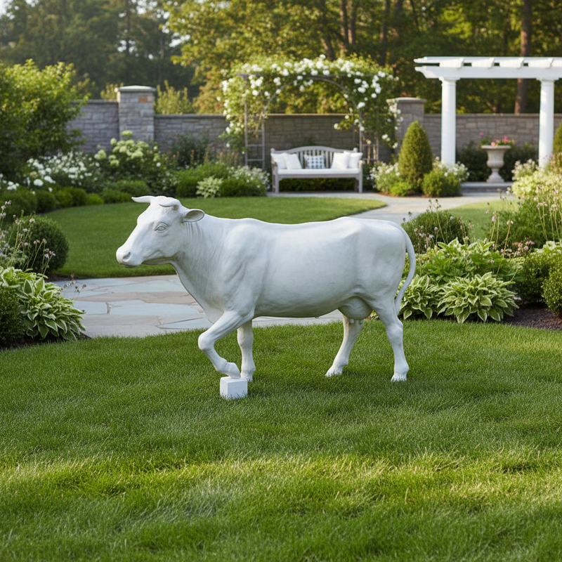 Classical old world European cow sculpture with ornate detailing and lifelike posture, evoking Renaissance and Baroque artistry. Side Angle