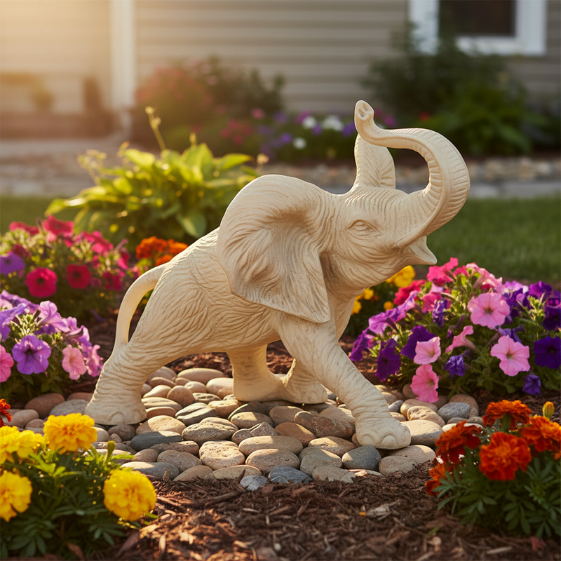 Elephant figurine with raised trunk, detailed fur texture, and classical old world European sculptural style. Side Angle