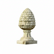 Pinecone finial with classical old world European design, ornate detailing, and a fluted pedestal base on a square plinth. Side View