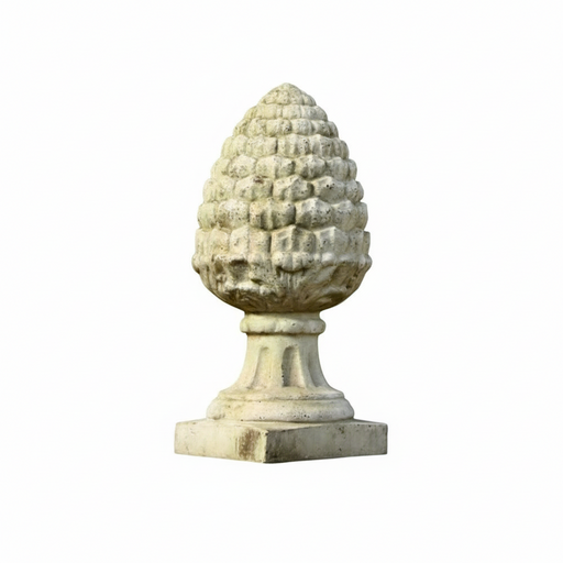 Pinecone finial with classical old world European design, ornate detailing, and a fluted pedestal base on a square plinth. Side View