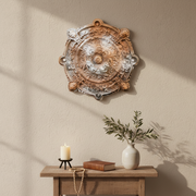 Ornate Baroque ceiling medallion with intricate floral scrollwork and classical old world European detailing. Different Angle