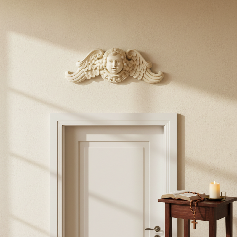 Cherub face with curled hair and ornate wings in classical Baroque style, featuring intricate old world European detailing. Side Angle