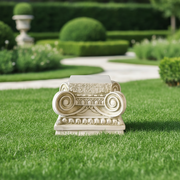 Classical Greek Ionic column capital with ornate volutes, egg-and-dart detailing, and sculpted acanthus leaf accents. Side Angle