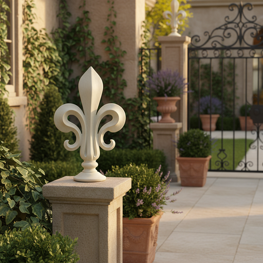 Fleur-de-lis finial with ornate, old world European design and classical curves, inspired by medieval and Renaissance styles. Side Angle