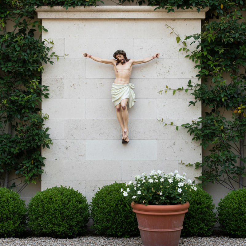 Crucifix statue featuring Jesus with a crown of thorns in a classical, old world European style with ornate, Renaissance details. Different Angle