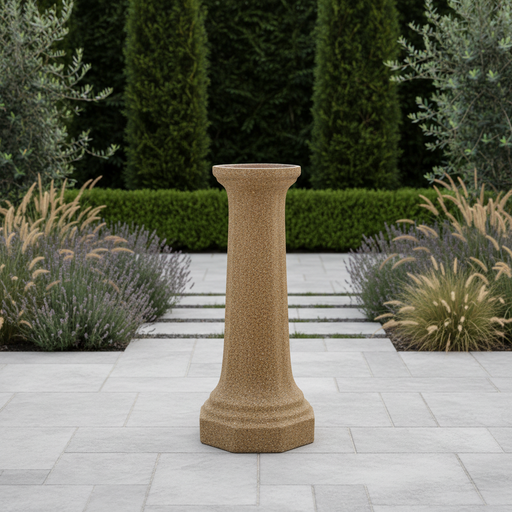 Tall pedestal with a classical old world European design, featuring a fluted column and an octagonal ornate base. Side Angle