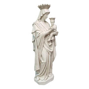 Madonna and Child statue in classical Renaissance style with ornate crowns and flowing drapery, evoking old world European elegance. Side View