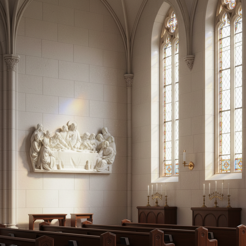 The Last Supper relief sculpture featuring twelve apostles and Jesus in ornate Renaissance and classical old world European style. Side Angle