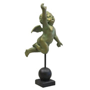 Baroque-style cherub statue with wings, depicted mid-flight on a pedestal, featuring ornate classical detailing.