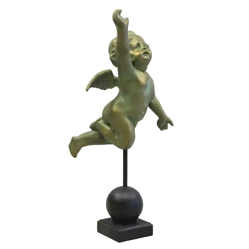 Baroque-style cherub statue with wings, depicted mid-flight on a pedestal, featuring ornate classical detailing.