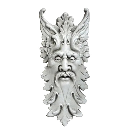 Green man wall plaque with ornate, old world European design, featuring a bearded face, leafy details, and classical Baroque style.