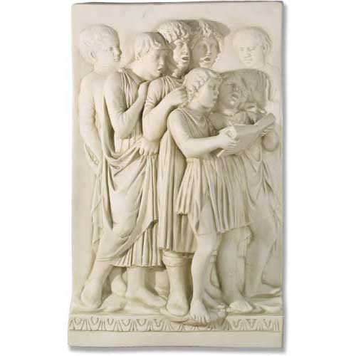 Classical relief sculpture of children in ancient attire reading a tablet, featuring ornate old world European Renaissance style details.