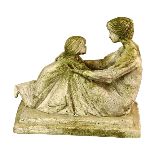 Mother and child sculpture in old world European style with classical, ornate detailing and gentle, Renaissance-inspired forms.