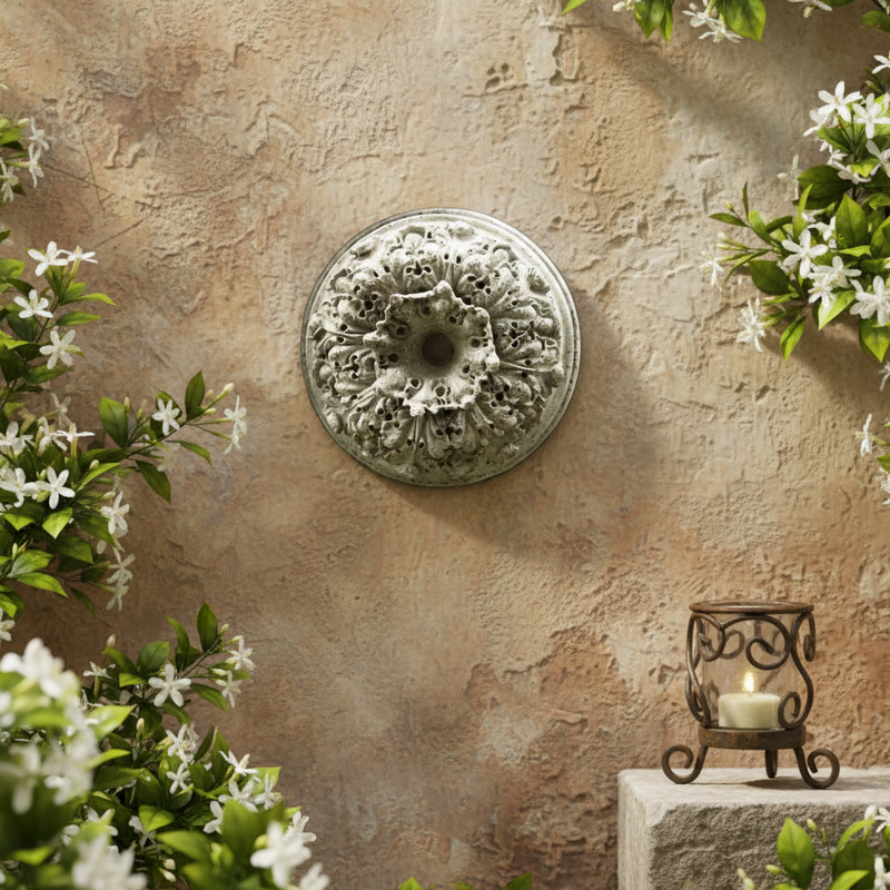Ornate round medallion with intricate Baroque floral motifs and classical old world European detailing in symmetrical relief. Side Angle