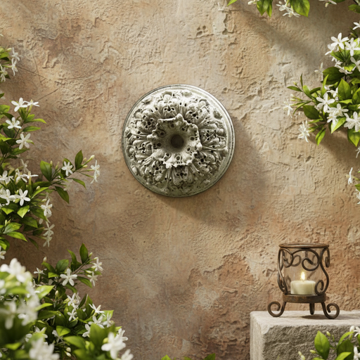 Ornate round medallion with intricate Baroque floral motifs and classical old world European detailing in symmetrical relief. Side Angle