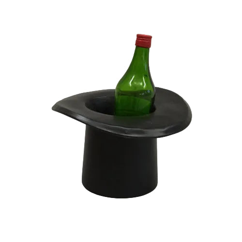 Top hat-shaped holder with a green bottle inside, featuring whimsical, old world European-inspired design and playful, ornate curves.